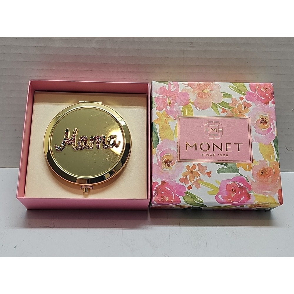 New In Box Monet Gold And Rhinestone "Mama" Mirror Compact